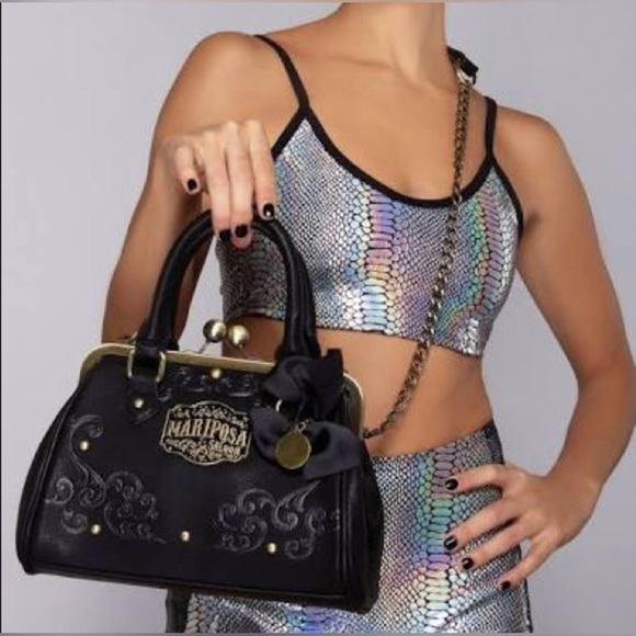 Westworld Mariposa Saloon Kiss Lock Handbag Black Tooled & Studded Faux Leather - Picture 2 of 10